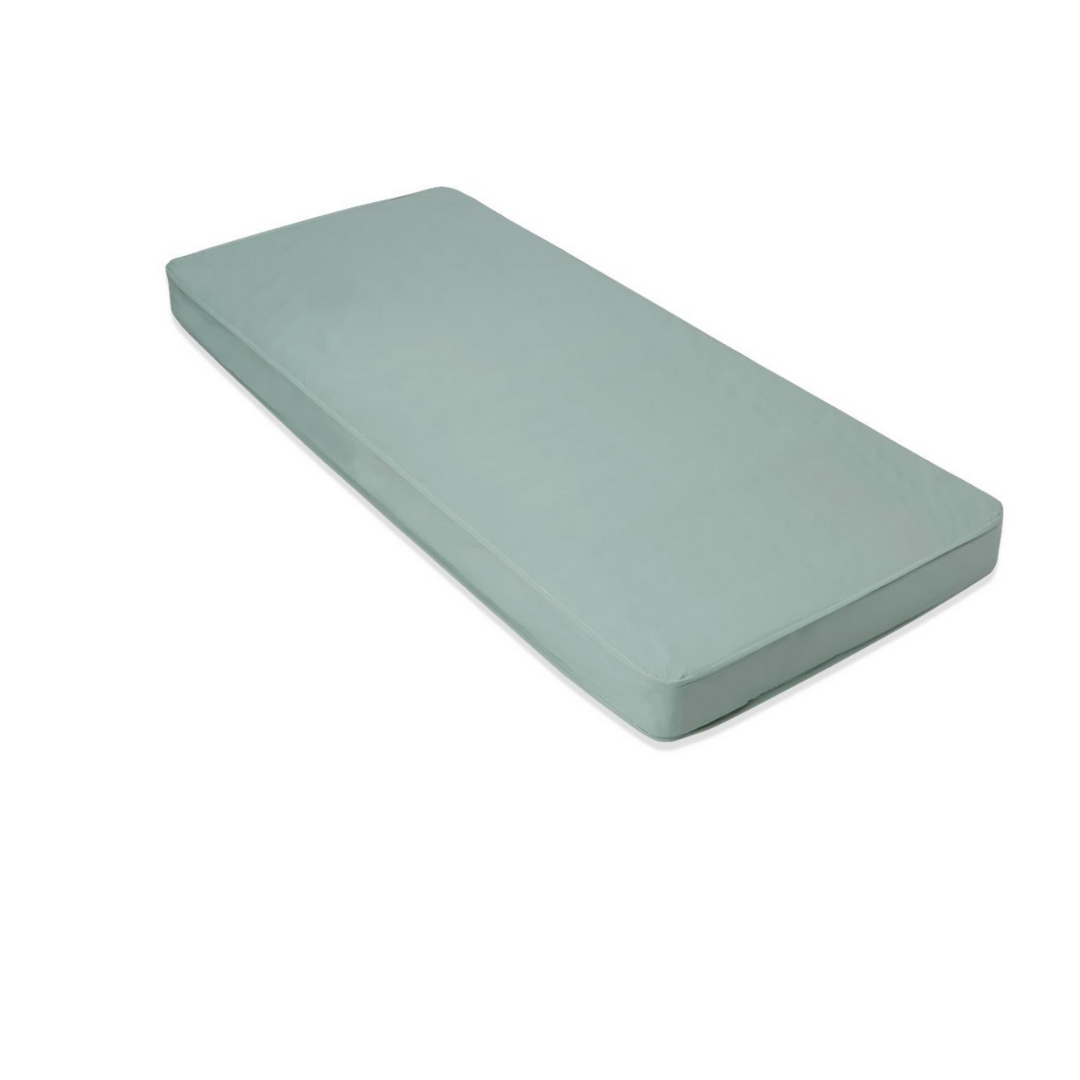 The Medline Innerspring Mattress for Homecare Beds is light green, rectangular with smooth, rounded edges, and features waterproof and antimicrobial properties. Shown photographed on a white background.